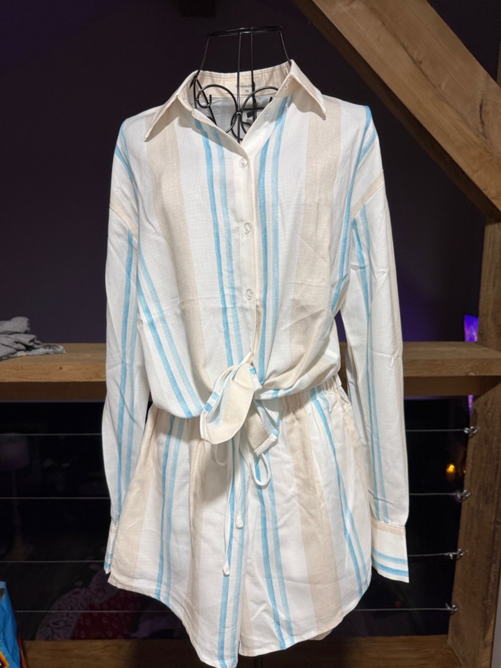 Commense Cream & Light Blue Striped Button-Front 2pc Set - Picture 9 of 10